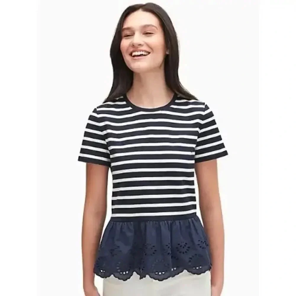 Kate Spade Women's Small Blue/White Striped Short‎ Sleeve Peplum Eyelet Blouse